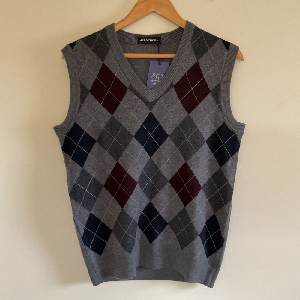 Herothorn Mens Argyle Sweater Vest S Wool Blend Gray Navy Burgundy Preppy Career